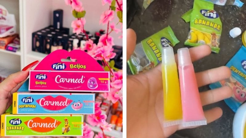 O hidratante labial Carmed Fini é resultado da parceria entra a farmacêutica Cimed e a indústria de doces Fini. - Imagem: reprodução/Instagram e TikTok @hiperfarmacandido