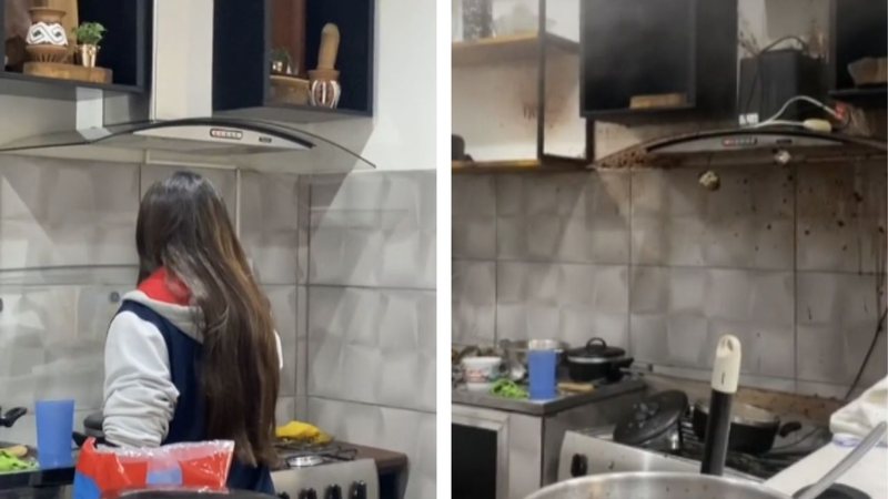 Além de sujar o cômodo, o acidente acabou danificando o fogão da residência. - Imagem: reprodução/TikTok isa.paiva.15