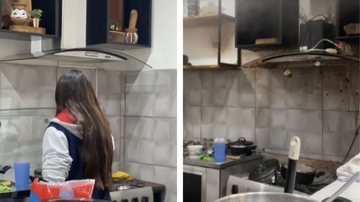 Além de sujar o cômodo, o acidente acabou danificando o fogão da residência. - Imagem: reprodução/TikTok isa.paiva.15