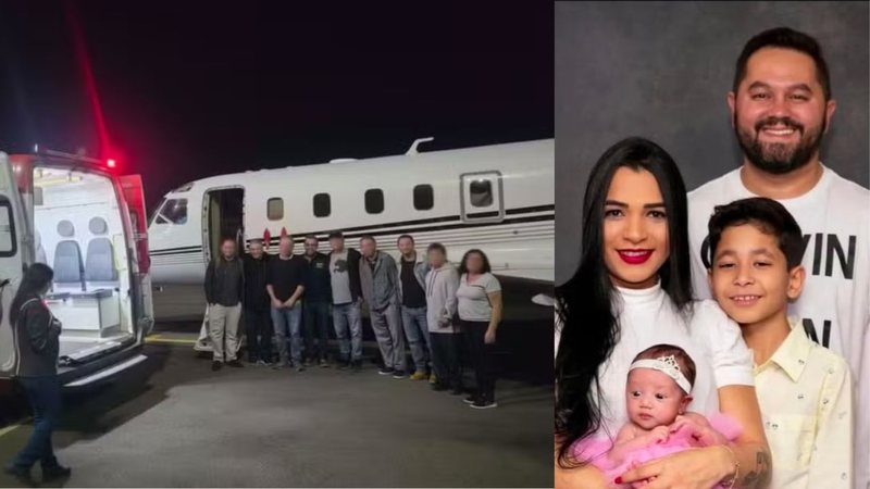 Imagem do avião e da família da brasileira que está em estado vegetativo, Fabíola da Costa