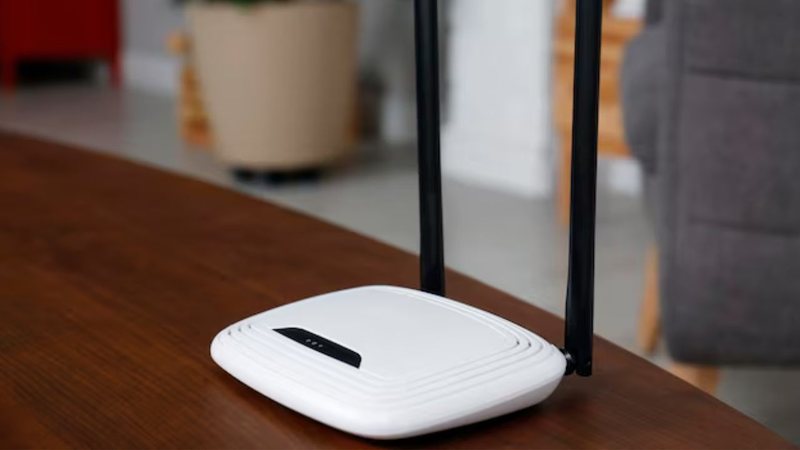 roteador de internet disposto sob mesa de madeira