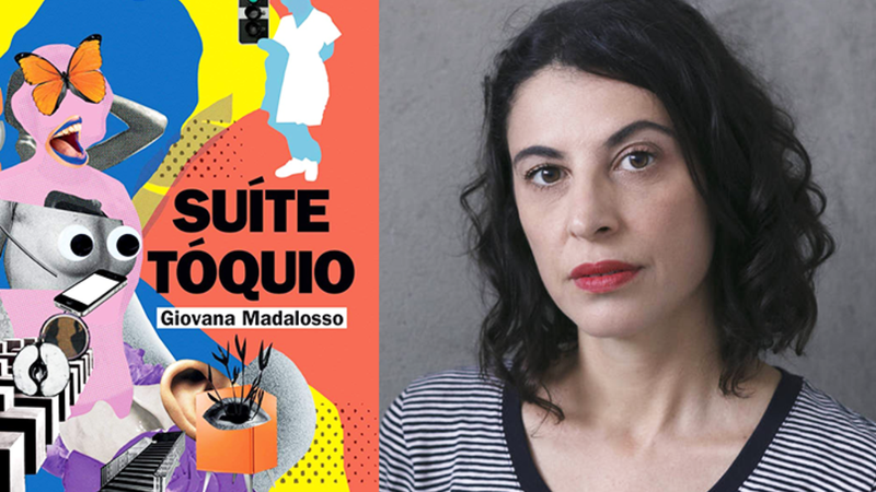 capa do livro 'Suíte Tóquio' ao lado de foto da sua autora, posando com expressão séria.