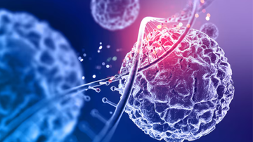 Células cancerígenas dispostas sob fundo azulado.