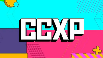 Logo da CCXP sob fundo colorido.