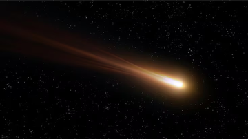 Cometa cruzando o espaço e emitindo brilho laranja.