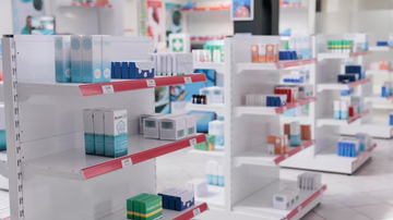 Prateleira de farmácia contendo caixas de remédios.