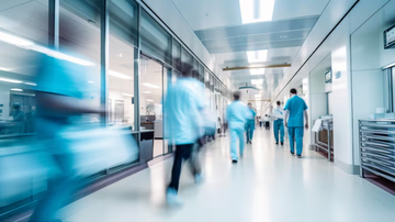 Corredor de hospital fotografado em movimento.