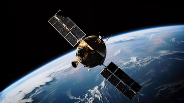 Satélite orbitando a atmosfera do planeta Terra.