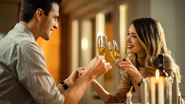 casal brindando em comemoração a algo especial em restaurante