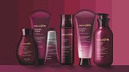 embalagens de produtos da linha Ameixa Negra sob fundo avermelhado.