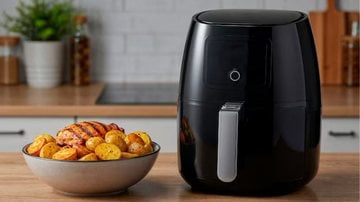 air fryer ao lado de refratário com itens recém preparados.
