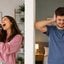 vizinha cantando e fazendo barulho, enquanto vizinho tampa os ouvidos no apartamento ao lado.