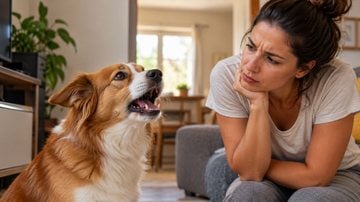 cachorro latindo, humana sentada olhando o animal.