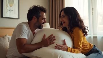 casal na cama, conversando, segurnado travesseiro.