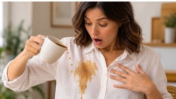 mulher derramando café em sua camisa branca.