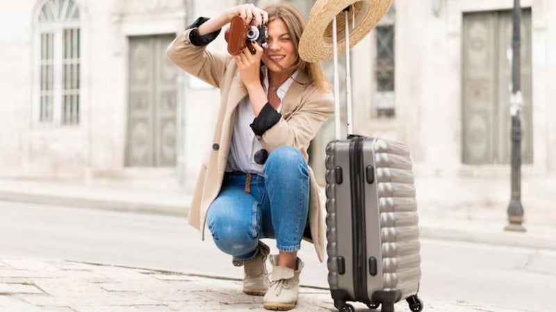 mulher turista fazendo foto.