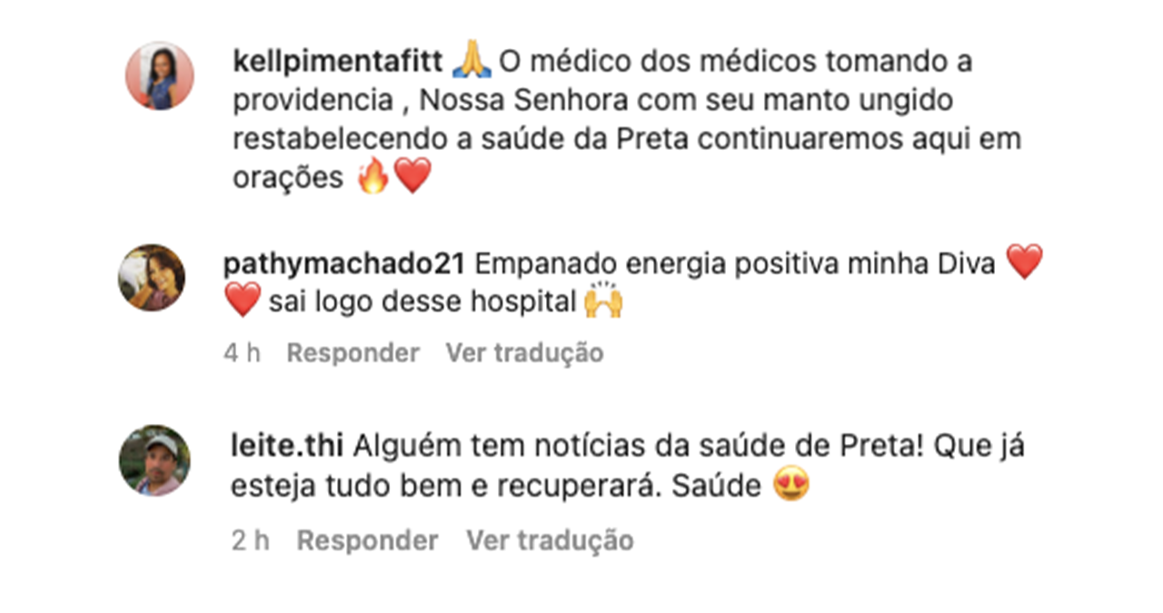 comentários de fãs de Preta Gil sobre internação