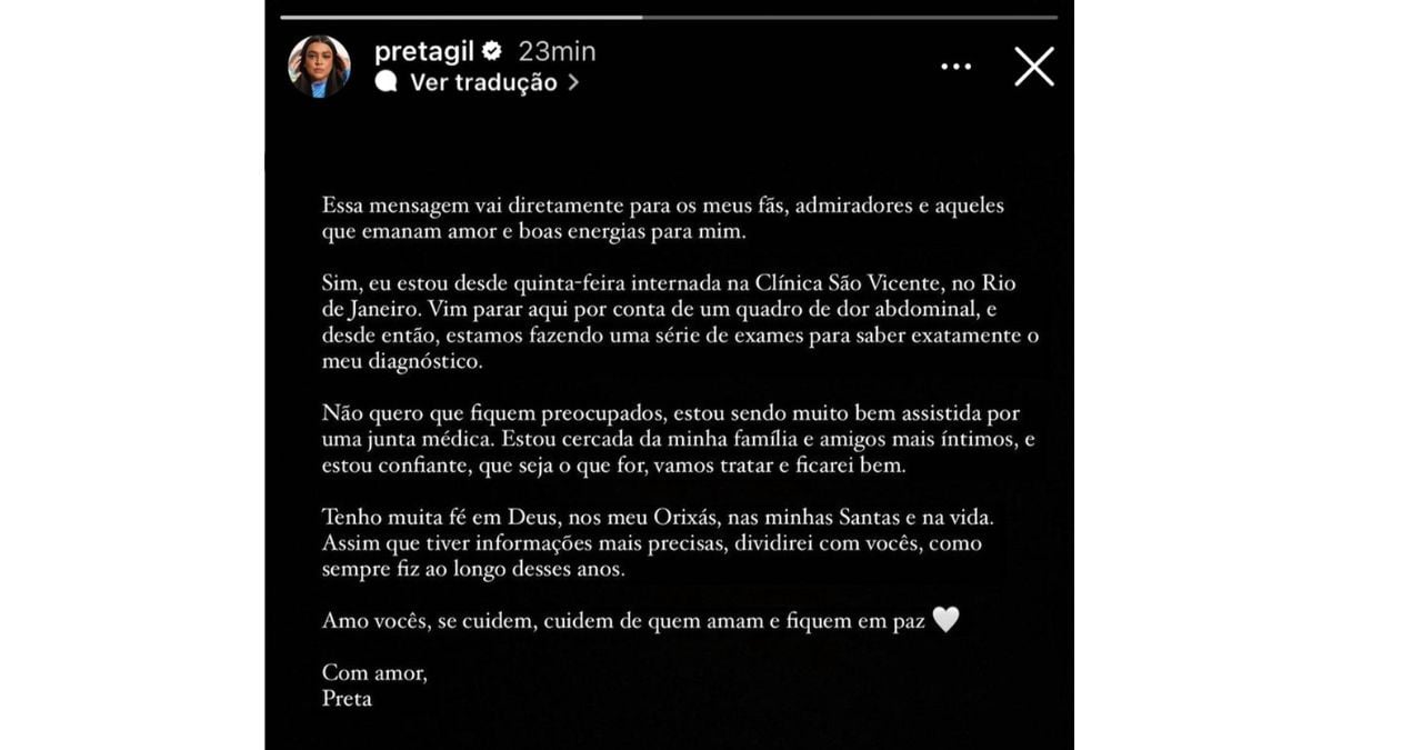 Mensagem da Preta Gil no instagram