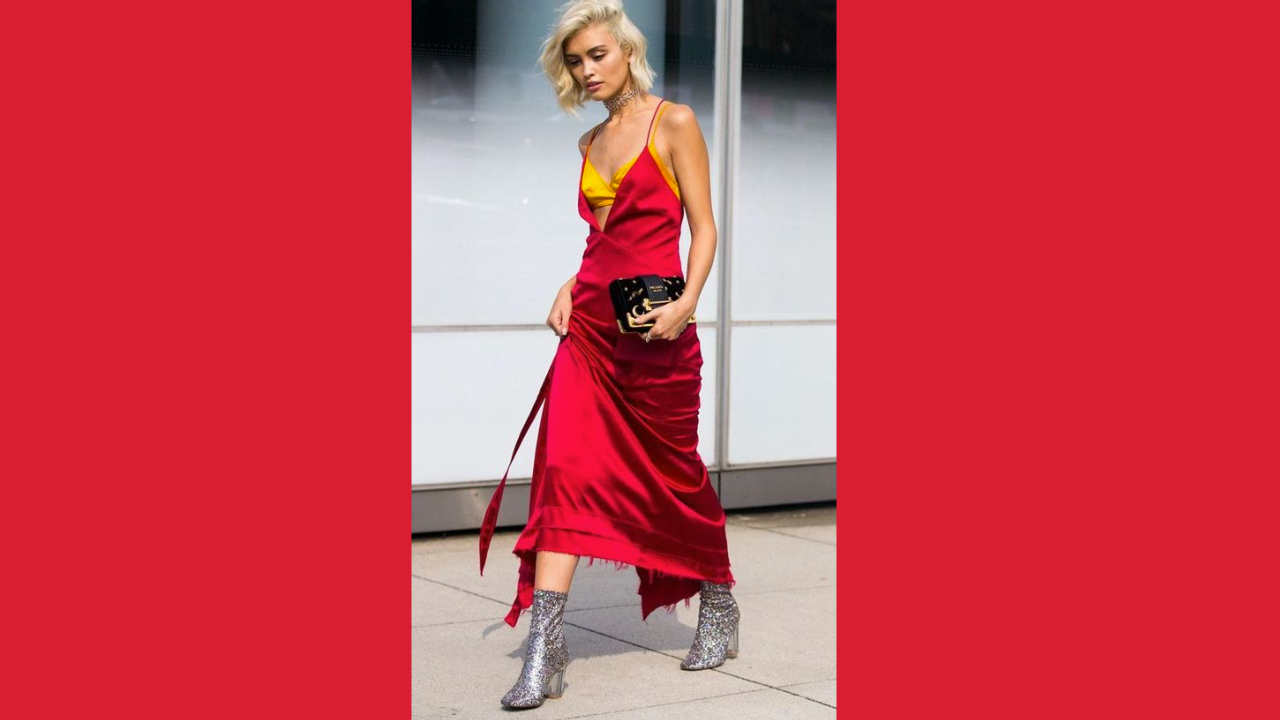 botas com glitter e vestido slip dress