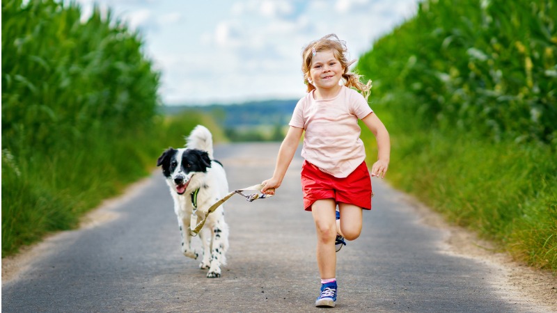 Criança brincando com cão.