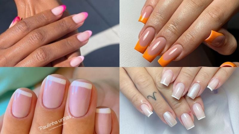 As unhas francesinhas podem ser feitas em modelos simples, mais próximas do tradicional, ou em cores mais chamativas, como o laranja e o rosa.