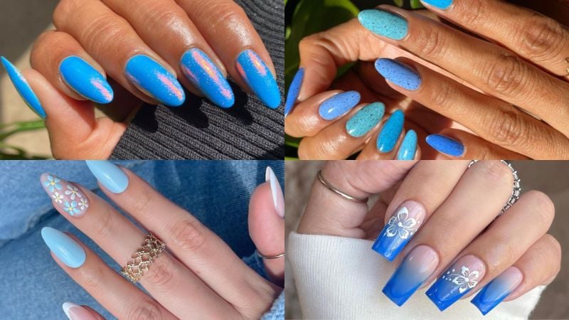 Adesivos e glitter são ótimos artifícios para decorar as unhas! Pontinhos brilhantes em azul escuro e desenhos florais funcionam bem com essa cor.