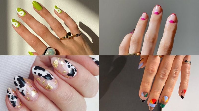 Unhas em gel com diferentes nail arts.