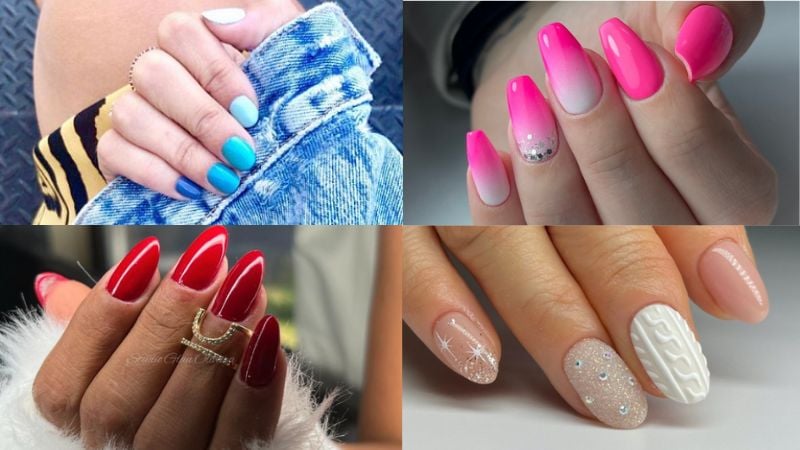 Unhas decoradas com gel.