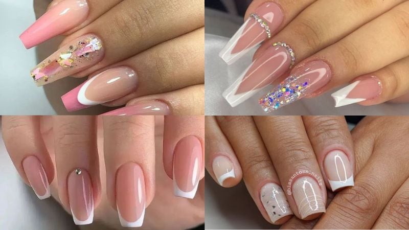 Unhas decoradas em gel de tom nude.