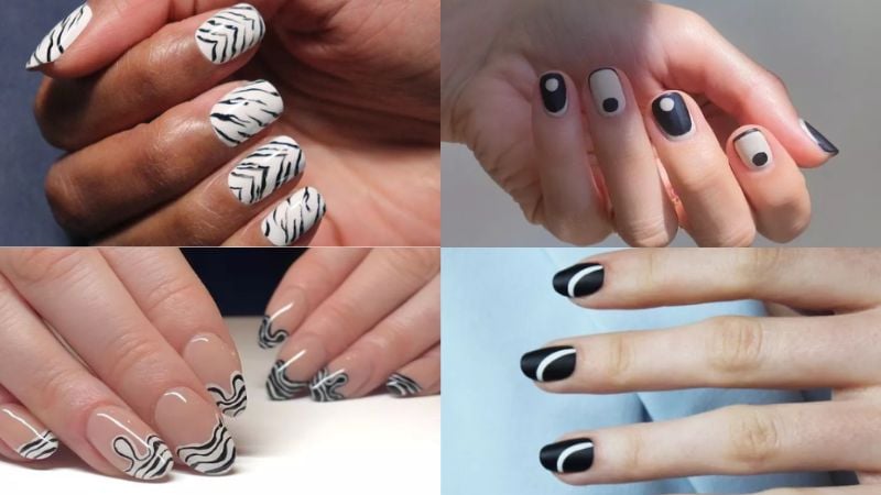 Unhas decoradas preto e branco.