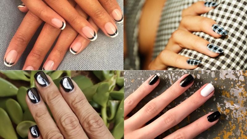 Unhas decoradas preto e branco.