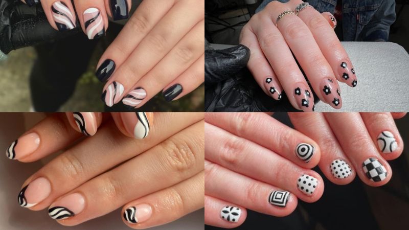 Unhas decoradas preto e branco.