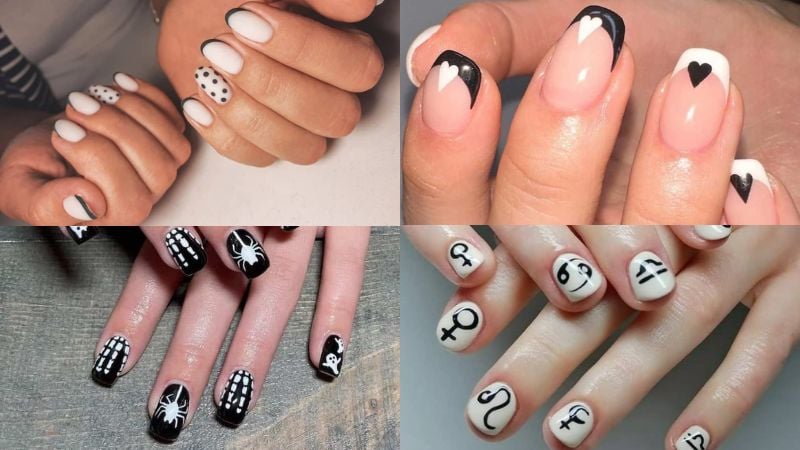 Unhas decoradas preto e branco.