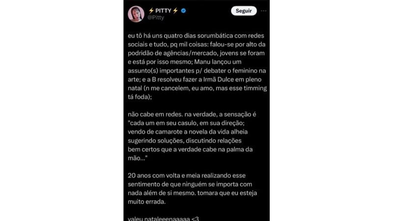 Comentário publicado por Pitty nas suas redes sociais.