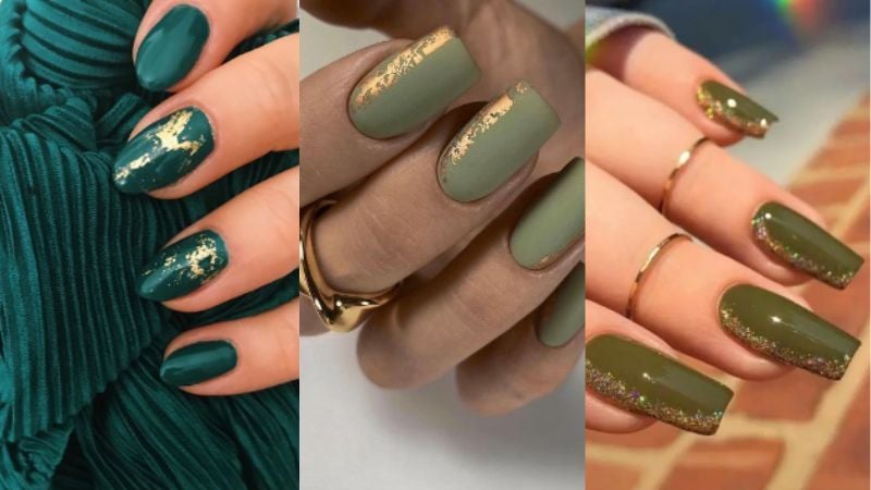 unhas verdes com detalhe dourado