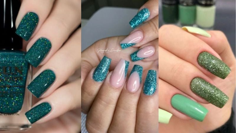 unhas com glitter verde natal