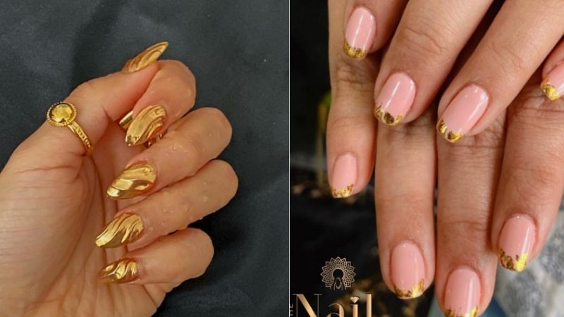 Unhas decoradas com esmalte dourado.