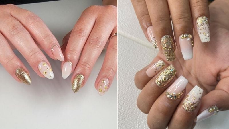 Unhas decoradas com esmalte dourado.