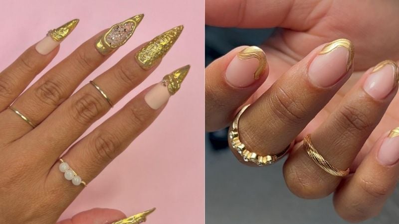 Unhas decoradas com esmalte dourado.