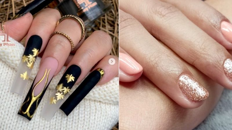 Unhas decoradas com esmalte dourado.