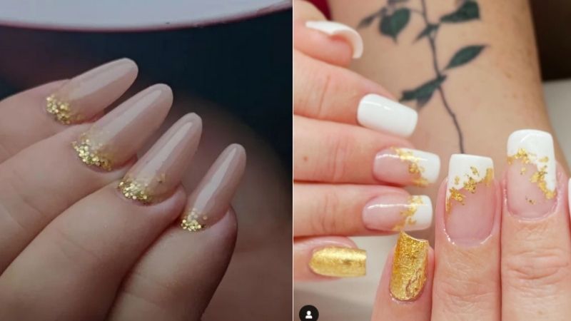 Unhas decoradas com esmalte dourado.