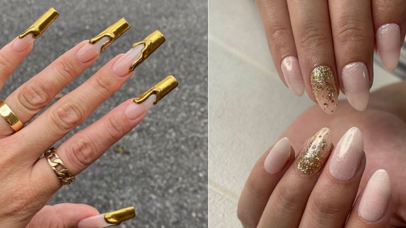 Unhas decoradas com esmalte dourado.