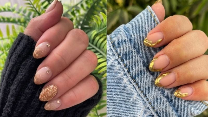 Unhas decoradas com esmalte dourado.