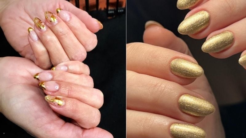 Unhas decoradas com esmalte dourado.