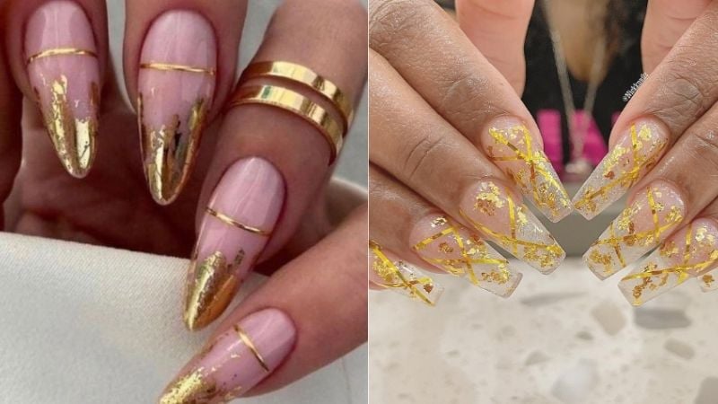 Unhas decoradas com esmalte dourado.