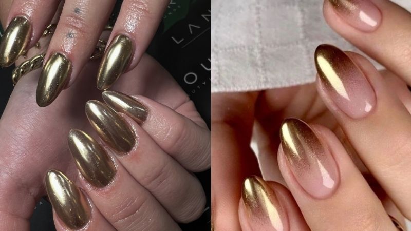 Unhas decoradas com esmalte dourado.