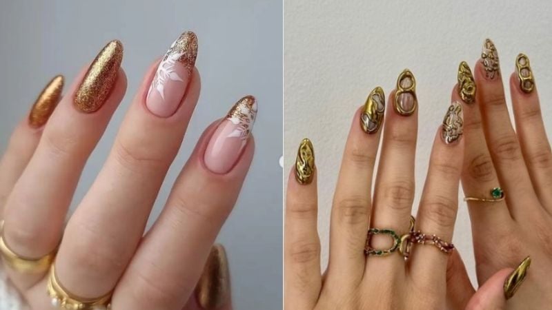 Unhas decoradas com esmalte dourado.