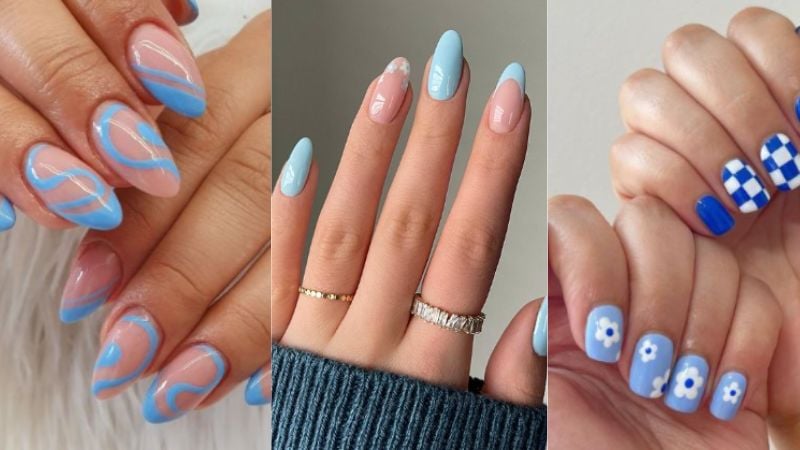 diferentes inspirações de unhas azuis com decoração em adesivo