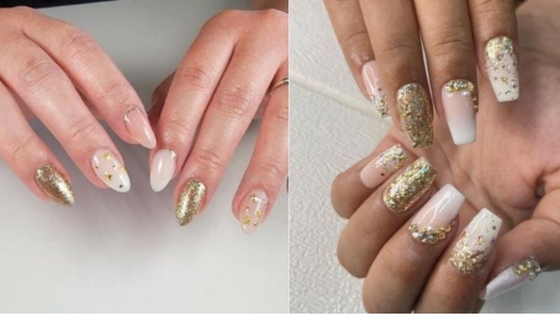 unhas branco com dourado