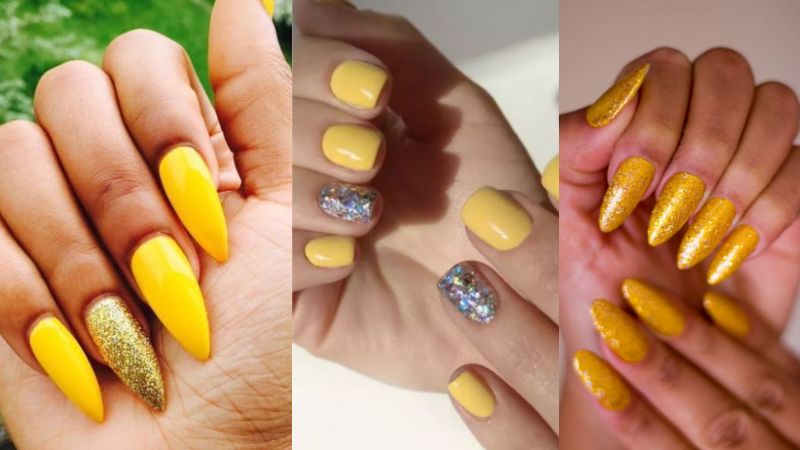 unhas amarelas com brilhos de diferentes formas